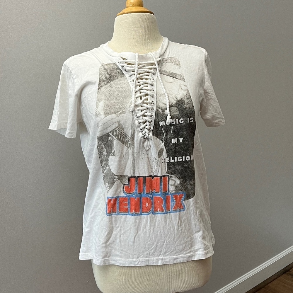Rockin Artwork Unique Jimi Hendrix fLace Up Front Graphic Tee Sz M - Picture 2 of 9